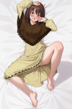 1girl :o absurdres arms_up bare_legs barefoot bed bed_sheet blush breasts brown_hair commentary commission dress english_commentary feet fire_emblem fire_emblem:_genealogy_of_the_holy_war frown hand_on_own_cheek hand_on_own_face highres knee_up legs looking_at_viewer lying medium_hair muirne_(fire_emblem) nintendo on_back on_bed open_mouth second-party_source shawl simple_background small_breasts solo spread_legs thighs vodka13
