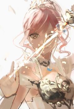 1girl armor bare_shoulders breastplate brown_eyes chinese_commentary closed_mouth clothing_cutout commentary_request dress eyelashes glowing glowing_sword glowing_weapon gold_tiara hair_bun happy highres holding holding_sword holding_weapon infinity_nikki light_particles looking_at_viewer melody_bloom_(infinity_nikki) nikki_(nikki) nikki_(series) petals pink_hair rapier short_hair short_sleeves shoulder_cutout sidelocks simple_background single_hair_bun smile solo sword tiara updo upper_body wavy_hair weapon white_arm_warmers white_background white_dress wusexueyuan