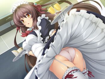 1girl apron ass blush breasts brown_eyes brown_hair clothes_lift cup dress dutch_angle frilled_thighhighs frills game_cg garter_straps gloves hair_ribbon inoino katsuragi_marina kouyoku_senki_exs-tia large_variant_set long_hair looking_back maid maid_headdress non-web_source official_art open_mouth panties ribbon skirt skirt_lift solo thighhighs tray underwear variant_set white_gloves white_panties white_thighhighs wind wind_lift yellow_eyes
