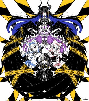 5girls animal_ear_fluff animal_ears arjuna_625 bandaid bandaid_hair_ornament belt black_collar black_dress black_flower black_gloves black_hair black_horns black_jacket black_nails black_sleeves black_wings blue_belt blue_eyes blue_hair blue_hairband book breasts caution_tape chest_jewel claw_pose collar colored_inner_hair commentary corrupted_twitter_file cropped_shirt demon_horns detached_sleeves dog_ears dog_girl dress english_commentary fake_horns feathered_wings floating_hair flower fur-trimmed_jacket fur_trim fuwawa_abyssgard fuwawa_abyssgard_(1st_costume) gem gloves grin group_picture hair_between_eyes hair_ornament hair_spread_out hairband hairclip headphones headphones_around_neck headpiece highres holding holding_book holoadvent hololive hololive_english horn_flower horn_hairband horns jacket jewel_under_eye koseki_bijou koseki_bijou_(1st_costume) large_breasts long_hair long_sleeves looking_at_viewer low_wings metal_wings microphone mococo_abyssgard mococo_abyssgard_(1st_costume) multicolored_hair multiple_girls nail_polish nerissa_ravencroft nerissa_ravencroft_(1st_costume) open_book open_clothes open_jacket open_mouth outstretched_arms oversized_wings parallel_hairclips partially_colored pink_belt pink_eyes pink_hair pink_hairband purple_eyes purple_gem purple_hair red_eyes shiori_novella shiori_novella_(1st_costume) shirt siblings signature sisters sleeves_past_wrists smile spiked_collar spikes split-color_hair spread_arms streaked_hair twins two-tone_hair two_side_up virtual_youtuber white_dress white_shirt wings x_hair_ornament yellow_eyes