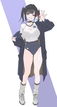 1977_oj3 1girl absurdres black_bra black_choker black_hair blue_bow blue_buruma blue_coat blush bow bra brown_coat brown_eyes buruma cameltoe choker coat coat_partially_removed ear_piercing full_body gluteal_fold goddess_of_victory:_nikke grin gym_uniform highres looking_at_viewer loose_socks ok_sign open_clothes piercing purple_background see-through_clothes see-through_shirt shirt shirt_tucked_in shoes smile sneakers socks solo sora_(nikke) standing twintails two-sided_coat two-sided_fabric two-tone_background underwear white_background white_shirt white_shoes white_socks