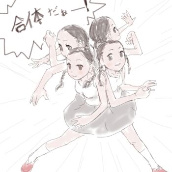 4girls bad_tag black_skirt braid commentary_request conjoined hegitsu looking_at_viewer looking_to_the_side multiple_girls shirt skirt twin_braids twintails white_shirt