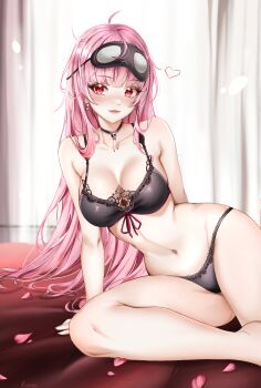 1girl absurdres bare_shoulders bed bed_sheet bedroom black_bra black_choker black_mask black_panties blush bra breasts choker cleavage collarbone double_strap_slip earrings highres hololive hololive_english indoors jewelry lace-trimmed_nightgown large_breasts long_hair looking_at_viewer mask mask_on_head messy_hair mori_calliope mori_calliope_(sleepwear) nightgown official_alternate_costume on_bed panties pink_eyes pink_hair red_eyes rinkosannn skull_choker skull_collar skull_earrings sleep_mask sleepwear solo underwear virtual_youtuber