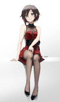1girl ar_jart artist_name black_hair breasts cleavage dress grey_eyes high_heels multicolored_hair official_alternate_costume pantyhose red_dress red_hair ruby_rose rwby see-through_clothes see-through_cleavage short_hair sleeveless sleeveless_dress solo white_background