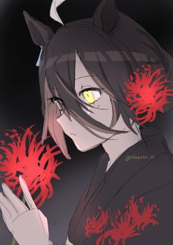 1girl absurdres ahoge black_background blue_kimono ear_ornament ear_tag earrings floral_print flower hair_between_eyes hair_bun hair_flower hair_ornament highres hinatsu_01 holding holding_flower japanese_clothes jewelry kimono long_hair_between_eyes long_sleeves loona_(helluva_boss) manhattan_cafe_(umamusume) multicolored_hair official_alternate_costume official_alternate_hairstyle red_flower single_earring single_hair_bun solo spider_lily umamusume white_hair yellow_eyes