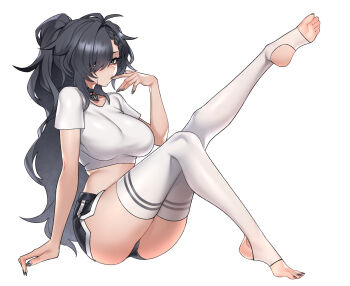 1girl barefoot black_eyes black_hair dogs_(dlrkdejr26) dolphin_shorts feet finger_to_mouth freckles hair_over_one_eye highres long_hair looking_at_viewer original parted_lips ponytail shirt shorts soles stirrup_legwear t-shirt thighhighs toeless_legwear toes white_thighhighs