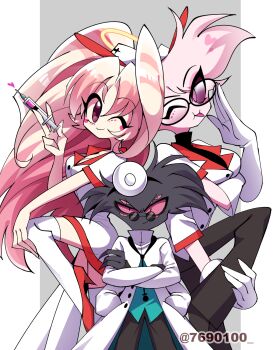 1girl 2boys ;) ;p adjusting_eyewear alternate_costume angel_dust arackniss back-to-back bare_arms black-framed_eyewear black_eyes black_fur black_pants black_shirt breasts brother_and_sister brothers brown_eyes buttons circle_facial_mark closed_mouth coat colored_sclera colored_tips commentary_request cowboy_shot crossed_arms doctor dress elbow_gloves extra_arms extra_eyes extra_legs eyeshadow facial_mark fewer_digits foot_out_of_frame furry furry_female furry_male glasses gloves green_shirt grey_background halo hand_on_own_knee hands_in_pockets hat hazbin_hotel head_mirror heart hellaverse highres holding holding_syringe jacket long_hair looking_at_viewer makeup menattou molly_(hazbin_hotel) multicolored_hair multiple_boys no_pupils nurse one_eye_closed open_clothes open_coat outside_border pants pillarboxed pink_eyes pink_eyeshadow pink_fur pink_hair pink_sclera purple_sclera red_trim round_eyewear shirt short_dress short_sleeves siblings simple_background small_breasts smile standing standing_on_one_leg syringe thighhighs tongue tongue_out turtleneck turtleneck_shirt twins twitter_username two-tone_hair v-shaped_eyebrows very_long_hair w white_coat white_dress white_gloves white_hair white_hat white_jacket white_thighhighs yellow_halo zettai_ryouiki