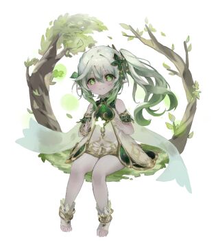 1girl bare_shoulders bracelet closed_mouth commentary_request cross-shaped_pupils detached_sleeves dress full_body genshin_impact glowing gradient_hair green_eyes green_hair green_sleeves hair_between_eyes hair_ornament jewelry leaf_hair_ornament long_hair looking_at_viewer meahwa042 multicolored_hair nahida_(genshin_impact) pointy_ears side_ponytail sidelocks simple_background sitting sitting_on_branch smile solo stirrup_footwear symbol-shaped_pupils white_background white_dress white_hair