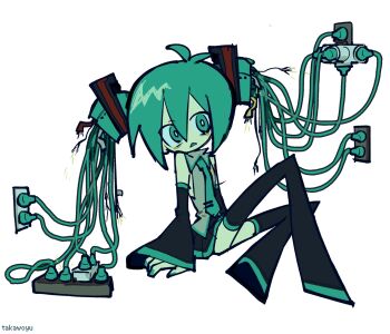 1girl arm_support artist_name bare_shoulders black_boots boots cable collared_shirt detached_sleeves electric_plug electrical_outlet green_eyes green_hair green_nails green_necktie grey_shirt hair_between_eyes hatsune_miku highres looking_to_the_side mechabare nail_polish necktie open_mouth pleated_skirt shirt sideways_glance simple_background sitting skirt solo takawoyu thigh_boots triangle_mouth vocaloid white_background wing_collar