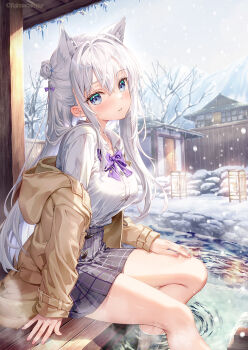 Rule 34 | 1girl, animal ear fluff, animal ears, bare tree, bow, bowtie, breasts, brown jacket, cat ears, cat girl, collared shirt, commentary request, crossed bangs, day, feet out of frame, fujima takuya, grey skirt, hair between eyes, jacket, large breasts, long hair, long sleeves, looking at viewer, miniskirt, off shoulder, open clothes, open jacket, original, outdoors, parted lips, plaid clothes, plaid skirt, pleated skirt, purple bow, purple bowtie, shirt, sitting, skirt, snowing, soaking feet, solo, tree, white hair, white shirt, winter