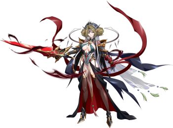 1girl armor armored_boots aura bandaged_arm bandages bare_hips black_cape black_gloves black_thighhighs blonde_hair boots breasts cape circlet cleavage closed_mouth clothing_cutout curtained_hair dark_aura detached_collar double_bun energy faulds floating floating_clothes floating_object flower full_body game_cg gem gloves gold_flower green_leotard hair_bun hair_flower hair_ornament high_heel_boots high_heels highres hip_vent holding holding_sword holding_weapon langrisser langrisser_millenium_ws langrisser_mobile large_breasts leotard long_veil looking_at_viewer magic official_art outstretched_arms parted_bangs pauldrons pelvic_curtain rapier_(langrisser) red_cape red_gemstone revealing_clothes scowl second-party_source see-through_clothes see-through_pelvic_curtain see-through_sleeves see-through_veil serious shoulder_armor sideboob simple_background solo standing sword tachi-e thighhighs transparent_background two-sided_cape two-sided_fabric v-shaped_eyebrows vambraces veil waist_cape warrior weapon yellow_eyes