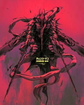 1other chainsaw_devil chainsaw_man copyright_name cropped_torso extra_arms facing_viewer highres horns intestines monochrome red_theme sharp_teeth solo spikes spot_color teeth warrickwong