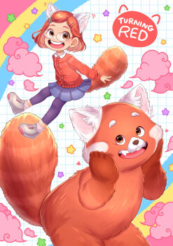 1girl absurdres animification braces brown_eyes disney dual_persona earrings glasses highres jewelry looking_at_viewer meilin_lee open_mouth panda_tail pixar rainbow red_hair red_panda run_tamun shirt smile solo turning_red