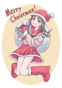 1girl black_eyes black_hair boots border christmas commentary_request full_body fur-trimmed_boots fur-trimmed_headwear fur-trimmed_skirt fur_trim gloves green_neckerchief grin hat highres holding holding_sack kyou_kara_hajimeru_osananajimi long_hair looking_at_viewer merry_christmas midriff_peek neckerchief obiya_midori pink_shirt red_boots red_gloves red_hat red_sailor_collar red_skirt round_border sack sailor_collar santa_costume santa_hat shirt skirt smile solo white_border yellow_background yuzuki_kaede