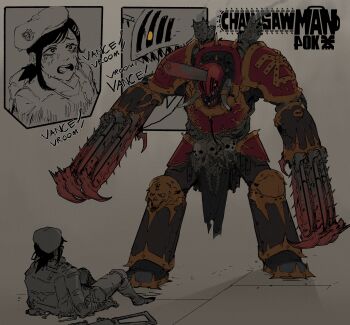 1girl 1other absurdres adeptus_astartes armor astra_militarum backpack bag black_hair blood bloody_weapon chain chainsaw chainsaw_devil chainsaw_man chaos_space_marine claws commission cosplay crossover facing_another higashiyama_kobeni highres khorne_berserker khorne_berserker_(cosplay) ministerovvox open_mouth pauldrons pool_of_blood sharp_teeth short_hair shoulder_armor single_sidelock skull skull_belt skull_ornament skull_print solo_focus swept_bangs tearing_up teeth tusks warhammer_40k weapon