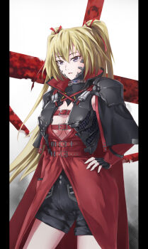 1girl absurdres black_background black_eyes black_gloves blonde_hair breasts cishi_nianshao cleavage code_vein commentary female_focus gloves hair_between_eyes hair_ribbon highres large_breasts long_hair long_sleeves open_mouth red_ribbon ribbon solo twintails white_background