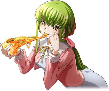 1girl artist_request blush breasts c.c. cheese cheese_trail code_geass code_geass:_lost_stories dress eating female_focus food game_cg green_hair grey_dress hair_ribbon half-closed_eyes hand_on_own_cheek hand_on_own_face hands_up happy head_rest holding holding_food holding_pizza jacket leaning_forward light_blush long_hair long_sleeves looking_at_viewer low_ponytail medium_breasts neck_ribbon non-web_source official_art open_clothes open_jacket pink_jacket pink_ribbon pizza pizza_slice ponytail ribbon sidelocks smile solo teeth yellow_eyes yellow_ribbon