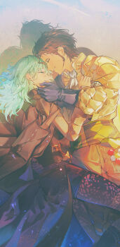 1boy 1girl absurdres ascot black_gloves breasts claude_von_riegan claude_von_riegan_(timeskip) couple dark-skinned_male dark_skin female_byleth_(awakened)_(fire_emblem) female_byleth_(fire_emblem) fire_emblem fire_emblem:_three_houses gloves green_eyes green_hair happy hetero highres medium_breasts nintendo official_alternate_hair_color white_ascot zhihaiwusheng