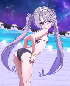 1girl absurdres bandaid bandaid_on_face bandaid_on_nose banteu bikini black_bikini black_ribbon bracelet breasts hair_ornament highres hololive hololive_english jewelry koseki_bijou loli long_hair looking_at_viewer open_mouth pool purple_eyes purple_hair ribbon sky small_breasts swimsuit twintails virtual_youtuber