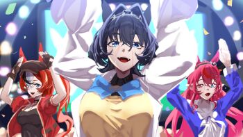 3girls :d absurdres agnes_tachyon_(tach-nology)_(umamusume) agnes_tachyon_(umamusume) agnes_tachyon_(umamusume)_(cosplay) arms_up black_hair black_hairband blue_bow blue_bowtie bow bowtie breasts commentary cosplay daaku_(koizumi_arata) english_commentary fangs grass_wonder_(stone-piercing_blue)_(umamusume) grass_wonder_(umamusume) grass_wonder_(umamusume)_(cosplay) hair_between_eyes hair_intakes hairband hakos_baelz hat highres hololive hololive_english irys_(hololive) jacket lab_coat large_breasts long_hair looking_at_viewer multicolored_hair multiple_girls open_mouth ouro_kronii red_hair red_jacket sharp_teeth smile stage streaked_hair sweat taut_clothes teeth tokai_teio_(beyond_the_horizon)_(umamusume) tokai_teio_(umamusume) tokai_teio_(umamusume)_(cosplay) umamusume umapyoi_densetsu upper_teeth_only virtual_youtuber white_hair