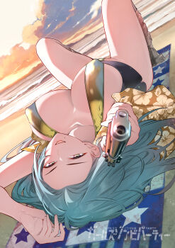 1girl absurdres arisugawa_chiyo bikini black_skirt boots breasts girls_zombie_party green_eyes green_hair grey_boots halterneck highres holding holding_weapon knees_up kojima_takeshi large_breasts long_hair looking_at_viewer lying mole mole_under_mouth open_clothes outdoors pointing pointing_at_viewer print_shirt shirt skirt sling_bikini_top smile solo sunset swimsuit weapon