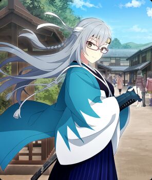 1boy 5girls architecture armor blue_haori blue_sky braid closed_mouth cloud day east_asian_architecture faceless faceless_female from_side game_cg glasses grey_hair half_up_braid haori headband japanese_armor japanese_clothes katana kitora_mirja kote long_hair looking_at_viewer looking_to_the_side multiple_girls official_art outdoors purple-framed_eyewear sheath sheathed shinsengumi sky smile solo_focus sword third-party_source toji_no_miko toji_no_miko:_kizamishi_issen_no_tomoshibi two-tone_haori weapon white_haori white_headband yellow_eyes