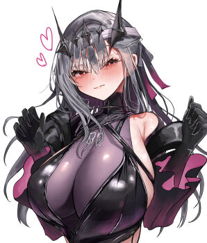 1girl absurdres bandages black_gloves blush breasts closed_mouth detached_sleeves gloves goddess_of_victory:_nikke grey_hair heart highres huge_breasts iwazaki long_hair looking_at_viewer modernia_(nikke) modernia_(second_affection)_(nikke) red_eyes sideboob solo tiara upper_body wavy_mouth