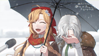 2girls ^_^ absurdres artist_name bead_necklace beads blonde_hair braid brown_coat brown_jacket buernia closed_eyes coat couple covered_face covering_face dated embarrassed facepalm fang flower fur-trimmed_coat fur_trim green_necktie grey_umbrella hair_flower hair_ornament hand_on_own_face hand_up head_down headscarf highres holding holding_umbrella interview jacket jewelry long_hair meme microphone mole mole_under_eye multiple_girls necklace necktie open_mouth outdoors red_headscarf red_scarf reverse:1999 scales scarf shared_umbrella shirt side-by-side signature skin_fang sky smile snow snowing special_feeling_(meme) twin_braids twitter_username umbrella upper_body vila_(reverse:1999) wavy_hair white_flower white_hair white_shirt white_sky windsong_(reverse:1999) yuri