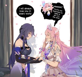 2girls absurdres acheron_(honkai:_star_rail) asymmetrical_gloves bare_shoulders black_gloves blush breasts chain chain_around_arm cleavage closed_mouth commentary crying cyrene_(honkai:_star_rail) cyrene_(ripples_of_past_reverie)_(honkai:_star_rail) dress earrings elbow_gloves elysia_(honkai_impact) english_commentary english_text gloves gradient_hair hair_ornament hand_up highres honkai:_star_rail honkai_(series) honkai_impact_3rd in-franchise_crossover inoue_marina jewelry long_hair look-alike medium_breasts multicolored_hair multiple_girls name_connection pink_hair pink_petals pointy_ears purple_eyes purple_hair raiden_mei raiden_mei_(herrscher_of_thunder) ring sawashiro_miyuki single_elbow_glove smile taking_another&#039;s_hand uneven_gloves very_long_hair voice_actor_connection white_dress yanning yuri zanqi