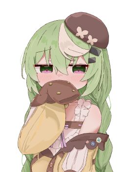 1girl absurdres bare_shoulders bona22666 braid commentary_request covered_mouth frills green_hair grey_hair hair_ornament hat highres long_hair long_sleeves multicolored_hair pink_eyes pink_ribbon puffy_sleeves ribbon simple_background solo stella_sora twin_braids