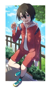 Rule 34 | 1girl, black hair, black socks, blue eyes, food, full body, highres, holding, holding food, holding ice cream, hood, hoodie, ice cream, jacket, long sleeves, looking at viewer, nishimiya yuzuru, open mouth, outdoors, red jacket, red shorts, shoes, short hair, shorts, socks, urokozame, white hoodie