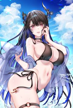 1girl absurdres ass asymmetrical_horns bare_shoulders bikini black_bikini black_hair blue_hair blue_nails blue_sarong blue_sky breasts colored_inner_hair demon_horns flower hair_ornament highres holoadvent hololive hololive_english horn_flower horns kamiya_maneki large_breasts long_hair looking_at_viewer mole mole_under_eye multicolored_hair nail_polish navel nerissa_ravencroft o-ring o-ring_thigh_strap open_mouth red_eyes sarong side-tie_bikini_bottom sky smile solo summer swimsuit thigh_strap two-tone_hair uneven_horns very_long_hair virtual_youtuber