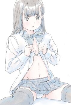 1girl :o blue_skirt blunt_bangs blush bra bra_peek brown_eyes brown_hair dot_nose double-parted_bangs dressing feet_out_of_frame grey_thighhighs highres long_hair looking_down navel open_clothes open_mouth open_shirt original panties plaid_clothes plaid_skirt pleated_skirt poranka_(porankaran) school_uniform shirt simple_background sitting skirt solo spread_legs striped_bra striped_clothes striped_panties thighhighs underwear white_background white_bra white_panties white_shirt wide_spread_legs