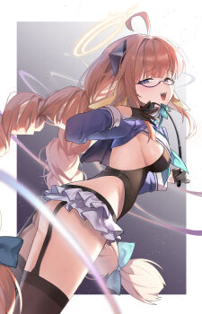 1girl absurdres aqua_neckerchief black_garter_straps black_gloves black_thighhighs blue_archive blue_eyes braid breasts commentary frilled_leotard frills garter_straps glasses gloves halo highres holding holding_whip kuro11kii leotard looking_at_viewer medium_breasts neckerchief official_alternate_costume open_mouth orange_hair purple_shrug semi-rimless_eyewear shimiko_(blue_archive) shimiko_(magical)_(blue_archive) shrug_(clothing) solo thigh_strap thighhighs twin_braids yellow_halo