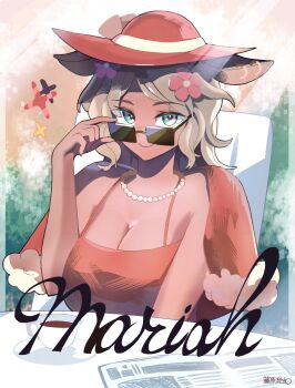 Rule 34 | 1girl, adjusting eyewear, animal ears, breasts, capelet, chair, character request, cleavage, commentary request, copyright request, cup, dress, flower, fujiwara echi, hair flower, hair ornament, hat, highres, jewelry, large breasts, looking at viewer, looking over eyewear, necklace, newspaper, pearl necklace, red capelet, smile, solo, sunglasses, teacup