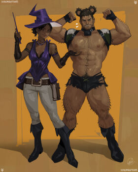1boy 1girl abs alternate_costume animal_ears arm_hair arm_tattoo bara bear_ears beard_stubble belt black_boots book boots brown_hair chest_hair chris_redfield commentary dark-skinned_female dark_skin double_biceps_pose earrings english_commentary facial_hair fake_animal_ears fingerless_gloves flexing gloves hat highres holding holding_wand hoop_earrings jewelry leg_hair lips looking_at_viewer muscular muscular_male navel navel_hair nipples pectorals resident_evil resident_evil_5 seansketches sheva_alomar short_hair signature stubble tattoo wand wide_belt witch_hat