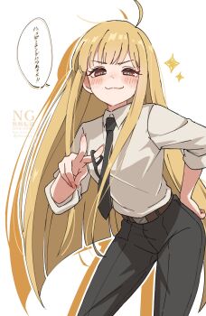 1girl :3 ahoge black_necktie black_pants blonde_hair blush brown_hair chainsaw_man cho_kaguya-hime! collared_shirt cosplay denji_(chainsaw_man) denji_(chainsaw_man)_(cosplay) drop_shadow hand_on_own_hip highres kaguya_(cho_kaguya-hime!) long_hair nail_polish necktie nenuenu pants pink_nails pull_cord shirt shirt_tucked_in simple_background smile solo sparkle translation_request very_long_hair watermark white_background white_shirt