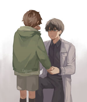 2boys absurdres black_hair black_shirt brown_hair coat collared_shirt criteria green_jacket grey_shorts height_difference highres holding_hands jacket kim_dokja kneeling lee_gilyoung looking_at_another male_focus multiple_boys omniscient_reader&#039;s_viewpoint open_clothes open_coat shirt short_hair shorts white_coat
