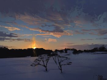 absurdres bush cloud cloudy_sky commentary forest highres landscape nature no_humans original outdoors painterly scenery sky sky_focus snow sunrise symbol-only_commentary tree twulfs