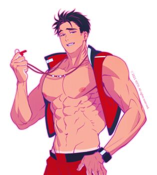 Rule 34 | 1boy, abs, bara, bare pectorals, bare shoulders, cowboy shot, facial hair, furrowed brow, gills, half-closed eyes, highres, large pectorals, lifeguard, looking at viewer, male focus, muscular, muscular male, navel, nipples, original, pectorals, seductive smile, shark boy, shirt, short hair, shredded muscles, sideburns stubble, sleeveless, sleeveless shirt, smile, solo, stomach, stubble, tan, tanline, thick eyebrows, v-taper, whistle, whistle around neck, yotti