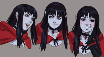 1girl annoyed black_choker black_gloves black_hair black_nails capelet choker clenched_teeth colored_skin commentary english_commentary fangs fingerless_gloves fingernails gloves grey_background grey_skin hand_on_own_cheek hand_on_own_face highres hood hood_down hooded_capelet long_fingernails long_hair looking_at_viewer marie_(tarakanovich) multiple_expressions multiple_views open_mouth original pointy_ears red_capelet red_eyes simple_background smile tarakanovich teeth vampire