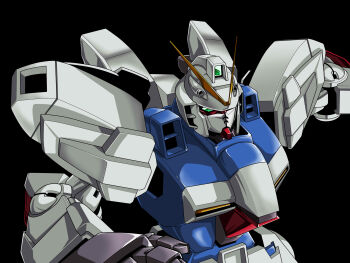 Rule 34 | 1980s (style), 1990s (style), commentary request, earth federation, faux retro artstyle, glint, green eyes, gun, gundam, highres, kds (0049), machine gun, mecha, mecha focus, mobile suit, no humans, oldschool, retro artstyle, robot, science fiction, space, v-fin, v gundam, victory gundam, weapon