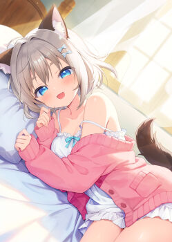 1girl :d animal_ear_fluff animal_ears aoi_yun bed blue_bow blue_eyes bow breasts cat_ears cat_girl cat_tail cleavage commentary_request curtains day dress dutch_angle fang grey_hair hair_bow highres indoors jacket long_sleeves looking_at_viewer lying medium_breasts off_shoulder on_bed on_side open_clothes open_jacket open_mouth original pillow pink_jacket puffy_long_sleeves puffy_sleeves short_eyebrows sleeves_past_wrists smile solo strap_slip striped_bow sunlight tail thick_eyebrows transparent white_dress window