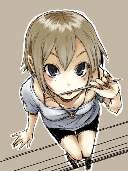10s 1girl blue_eyes female_focus idolmaster idolmaster_cinderella_girls jewelry necklace off_shoulder ofuro_mantarou shiomi_syuko short_hair shorts sitting solo