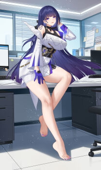 1girl absurdres barefoot desk feet highres honkai_(series) honkai_impact_3rd light_smile long_hair looking_at_viewer office purple_eyes raiden_mei toes wu_ganlan_cai