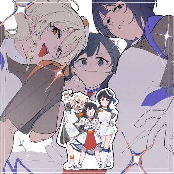 Rule 34 | 3girls, :d, anegoma567, asaka karin, black hair, blonde hair, blue eyes, blue hair, blush, boots, braid, braided sidelock, breasts, burn!! (love live!), clenched hand, closed mouth, color connection, commentary request, diverdiva, dress, eternal light (love live!), grey eyes, grin, hand on another's hand, hand on another's hip, hand on own hip, highres, jacket, knee boots, large breasts, love live!, love live! nijigasaki high school idol club, love live! nijigasaki high school idol club the movie - finale, medium hair, midriff, miyashita ai, multiple girls, multiple views, o o, official alternate costume, open mouth, orange eyes, puffy short sleeves, puffy sleeves, red skirt, ring hair ornament, see-through clothes, see-through sleeves, shoes, short-sleeved jacket, short dress, short sleeves, simple background, skirt, smile, sparkle, tongue, tongue out, v-shaped eyebrows, white background, white boots, white dress, white jacket, white shoes, wolf cut, yuki setsuna