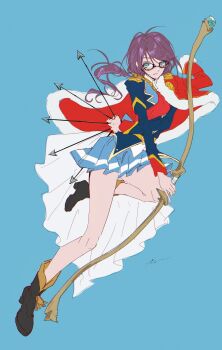 1girl aqua_eyes arm_across_waist arrow_(projectile) artist_name belt bery0602 black_boots blue_jacket blue_skirt boots bow_(weapon) bright_pupils closed_mouth epaulettes floating_hair full_body fur-trimmed_jacket fur_trim hashtag-only_commentary highres holding holding_arrow holding_bow_(weapon) holding_weapon hoshimi_junna jacket jacket_on_shoulders leg_up long_hair looking_at_viewer low_side_ponytail miniskirt pleated_skirt purple_hair red_jacket red_skirt sash shoujo_kageki_revue_starlight shoulder_sash side_ponytail signature simple_background single_horizontal_stripe skirt solo standing standing_on_one_leg striped_clothes striped_skirt tassel weapon white_background white_pupils yellow_belt