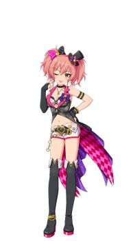 1girl armband belt boots bow breasts choker cleavage fingerless_gloves full_body gloves hand_on_own_hip hat high_heel_boots high_heels idol_clothes idolmaster idolmaster_cinderella_girls idolmaster_cinderella_girls_starlight_stage jewelry jougasaki_mika midriff mini_hat navel necklace official_art one_eye_closed pink_hair short_shorts shorts solo thigh_boots tongue tongue_out transparent_background twintails v yellow_eyes