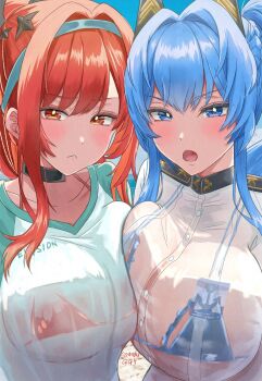 2girls beach bikini bikini_under_clothes blue_bikini blue_eyes blue_hair blue_sky blush breasts choker closed_mouth collarbone conakiggy day goddess_of_victory:_nikke hair_intakes hair_ornament headband helm_(aqua_marine)_(nikke) helm_(nikke) large_breasts looking_at_viewer matching_hair/eyes multiple_girls ocean open_mouth outdoors rapi_(classic_vacation)_(nikke) rapi_(nikke) red_bikini red_eyes red_hair see-through_clothes shirt sky swimsuit upper_body water wet wet_clothes white_shirt
