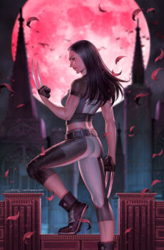 1girl ass black_eyes black_gloves black_hair black_shoes blurry blurry_background claw_(weapon) comic_cover commentary crop_top english_commentary full_moon gloves grey_pants highres laura_kinney leaf long_hair looking_back marvel moon multicolored_pants night official_art pants profile red_moon red_trim shoes signature solo weapon white_pants x-23 x-men yoon_junggeun